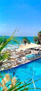 荷兹利亚Cosy Studio in a Luxury Hotel的享有游泳池、海滩和大海的景色