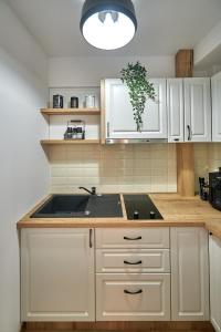 布拉索夫Romantic Studio的厨房配有白色橱柜和水槽