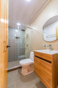 萨兰托Hotel Mirador de Boquia Salento的浴室配有卫生间、盥洗盆和淋浴。