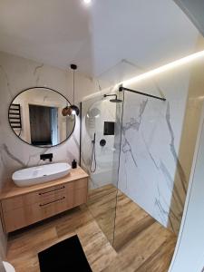 卡托维兹Kima Apartament Bażantów 29的一间带水槽和镜子的浴室