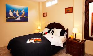 阿约拉港加拉帕戈斯太阳海岸酒店的一间卧室配有一张大床和黑色棉被