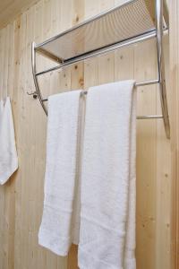 阿尔特巴什Tourist complex Gornoe Ozero的浴室内毛巾架上挂着两条白色毛巾
