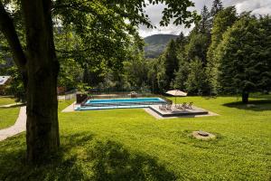 切拉德纳Horský hotel Lorkova vila的树荫庭院中的游泳池