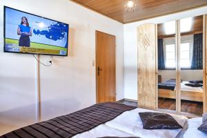 拉肯霍夫Ferienwohnung Bergerlebnis Ötscher的卧室配有一张床,墙上配有电视。