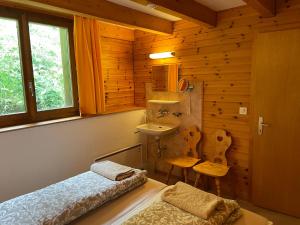 布拉腾Chalet Sonnenröschen的小屋内一间卧室配有床和水槽