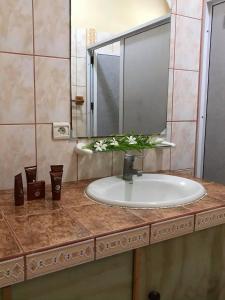 波拉波拉Toa Lodge Bora Bora的浴室的柜台设有水槽和镜子
