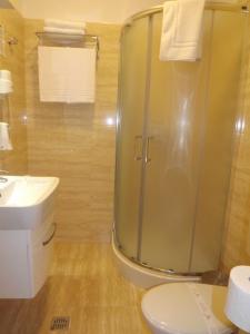 布加勒斯特西广场公寓 的带淋浴、卫生间和盥洗盆的浴室