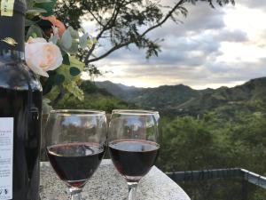 洛哈VíaLáctea Glamping的两杯葡萄酒坐在桌子上,享有美景