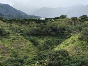 洛哈VíaLáctea Glamping的山坡上一座建筑的田野