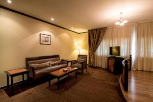 迪拜Rolla Suites Hotel -Former J5 Bur Dubai Hotel的带沙发和电视的客厅
