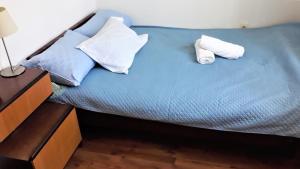 塞尼Apartment Modric的一张带两个枕头的蓝色床和床头柜