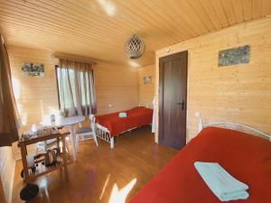 乌树故里Ushguli Cabins的客厅配有红色的床和桌子