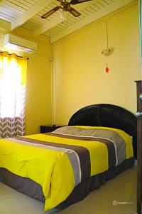 圣马丁岛Over The Hill Residence的一间卧室配有一张黄色和棕色毯子的床