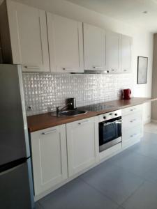 克雷尼察Apartament Kraszewskiego 35的厨房配有白色橱柜和水槽