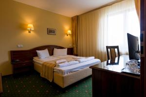 布拉索夫考罗纳布拉索维鲁酒店的配有一张床和一张书桌的酒店客房