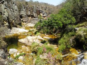 圣若昂-巴蒂斯塔-杜格罗里亚Cachoeiras Pé da Serra的峡谷里的小溪,长满了岩石和树木