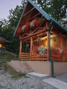 克拉列沃Brvnare Dunja 1 i Dunja 2的木质建筑,窗户上放着鲜花