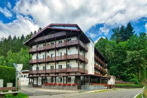 巴特克茨廷Natur- und Wanderhotel am Steinbachtal的大型公寓楼,位于街道上,设有阳台