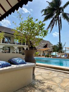 帕杰Paje Beach Apartments & Hotel的一个带沙发和棕榈树的度假游泳池