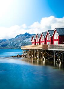 OffersøyaLofoten Rorbu Lodge的水面上一排红色的房子