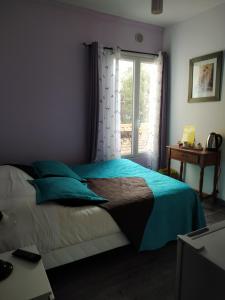 蒙鲁日罂粟花酒店的一间卧室配有一张带蓝色床单的床和一扇窗户。