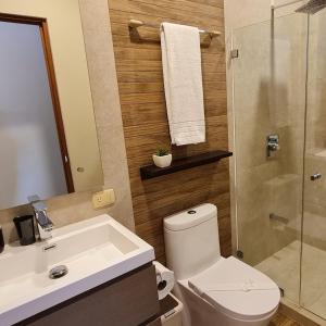EscazúCozy private Apartment, Mirador Escazú -Great view-的浴室配有卫生间、盥洗盆和淋浴。