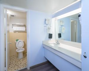 曼蒂奥Heart of Manteo的一间带卫生间、水槽和镜子的浴室