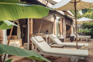 湄南海滩Khwan Beach Resort - Luxury Glamping and Pool Villas Samui - Adults Only - SHA Extra Plus的庭院里摆放着一组躺椅和遮阳伞