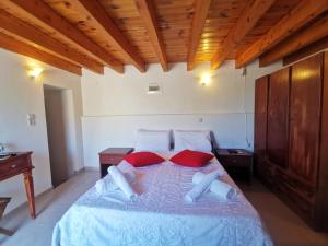 哈尔基岛Kalypso apartment的一间卧室配有一张带红色枕头的大床