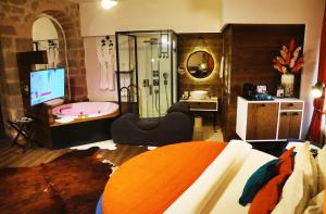 特拉布宗Cephanelik Butik Hotel的一间卧室设有带浴缸的浴室和电视。