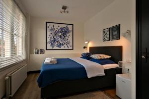 蒂尔堡Stadsslaperij B&B的一间卧室设有蓝色的床和窗户。