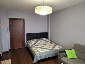 沃罗涅什ATLANT Apartments 266的一间卧室配有一张床、一张沙发和一个吊灯。