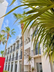 卡波圣卢卡斯Seven Crown Express & Suites by Kavia的一座白色的建筑,前面有棕榈树