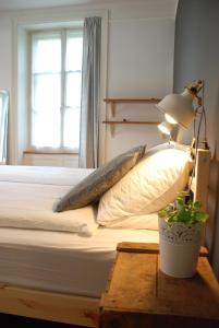 卢塞恩床+早餐旅馆的一间卧室,配有一张带台灯和桌子上植物的床
