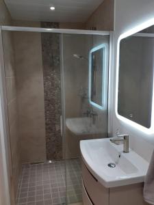 哈普萨卢Casper B&B的浴室配有盥洗盆和带镜子的淋浴
