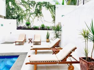 萨尤利塔Florence Sayulita的一个带躺椅的庭院和一个游泳池