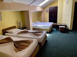 斯特鲁米察伊林登酒店的一间酒店客房,房间内设有三张床