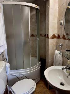 斯特鲁米察伊林登酒店的带淋浴、卫生间和盥洗盆的浴室