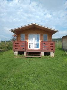 奥恰姆奇拉Eco house in Akuaska的一间小小木屋,在草地上设有窗户