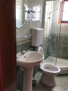 乌尔齐尼Rooms Ajllin的一间带水槽、卫生间和淋浴的浴室