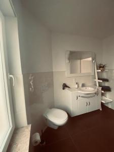 吕本Spreewaldferienhäuser am Deich的白色的浴室设有卫生间和水槽。