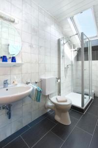 多瑙河畔诺伊施塔特Haus Sabine的浴室配有卫生间、盥洗盆和淋浴。