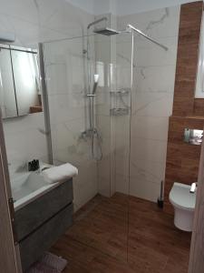 伊古迈尼察Cyclops Luxury Apartments的带淋浴、浴缸和盥洗盆的浴室