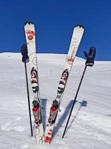 Saint-AventinAu pied des pistes的雪中站着的一双滑雪板