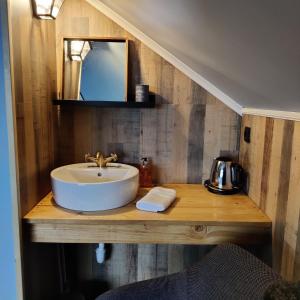 维克Prestshús 2 Guesthouse的木制柜台上带水槽的浴室