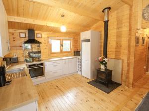 阿斯隆Port Heron Lodge的大型厨房设有木墙和木地板