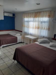 伊瓜苏Visk Palace Hotel e Restaurante的酒店客房设有两张床和窗户。