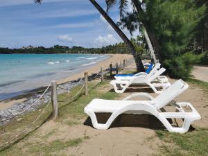 拉斯特拉纳斯Casa Grande Hotel Restaurant的海滩上两把白色躺椅