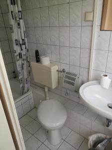KollmFerienpark Stausee Quitzdorf的白色的浴室设有卫生间和水槽。