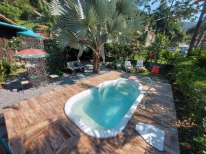 曼加拉蒂巴Eco Paradise Muriqui的棕榈树后院的热水浴池